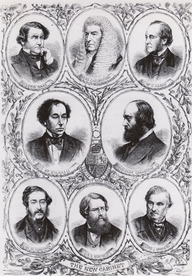 «Le nouveau cabinet». Dessins représentant 8 membres du cabinet Derby, peu après l'ouverture de la session du Parlement britannique en février 1867. 