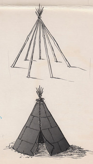 Dessin illustrant la méthode de fabrication d'un tipi (tente amérindienne)