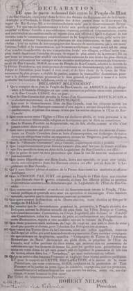 Déclaration d'indépendance proclamant la république du Bas-Canada signée par Robert Nelson, président, le 28 février 1838