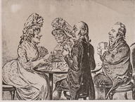 Caricature illustrant deux hommes et deux femmes en train de jouer aux cartes