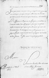 Document datant du 22 avril 1665, La Rochelle. 
Préparatif du détachement de membres du régiment de Carignan au Canada. 